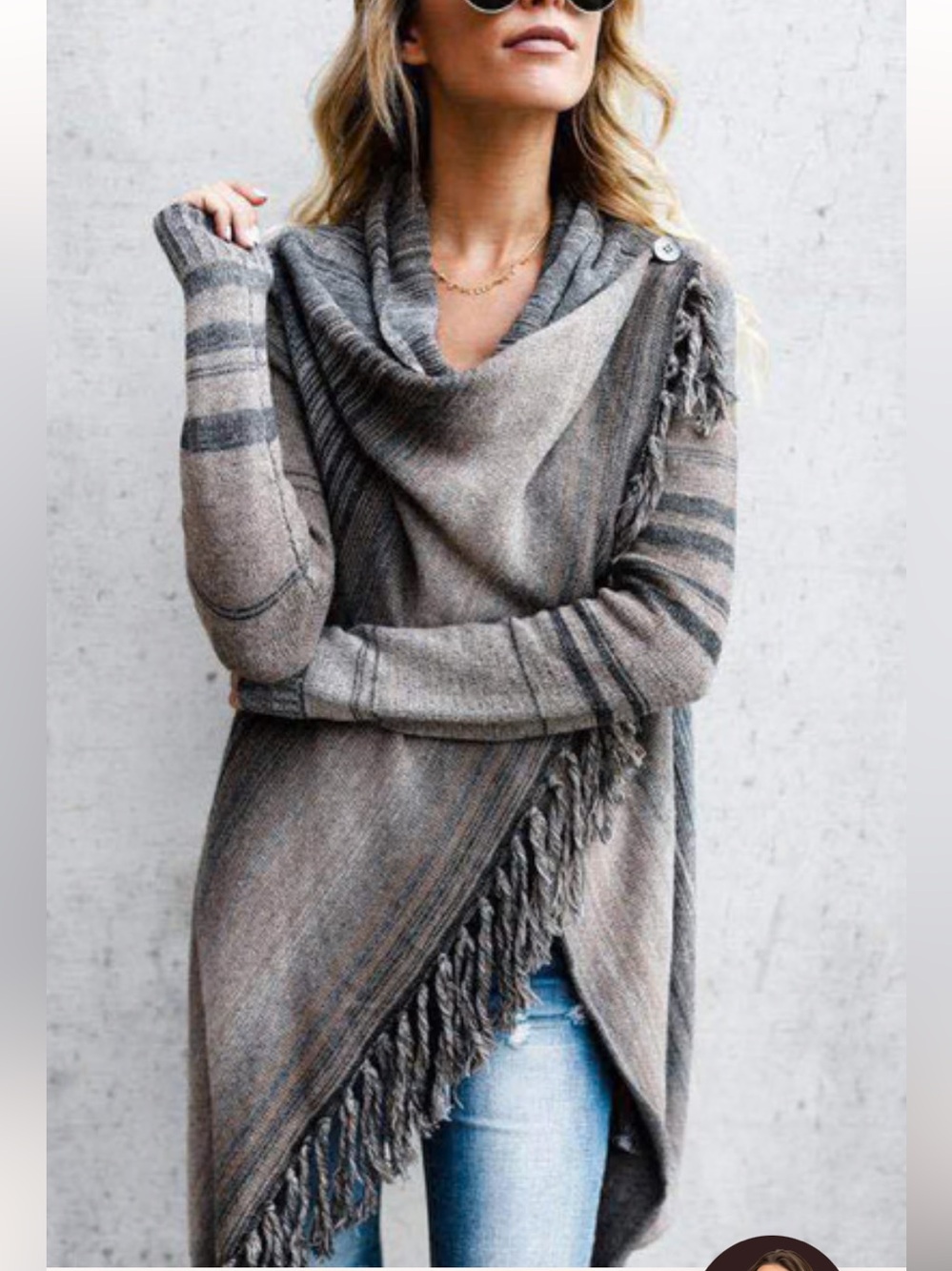 Women's Fringe Knit Poncho Sweater with cowl neckline